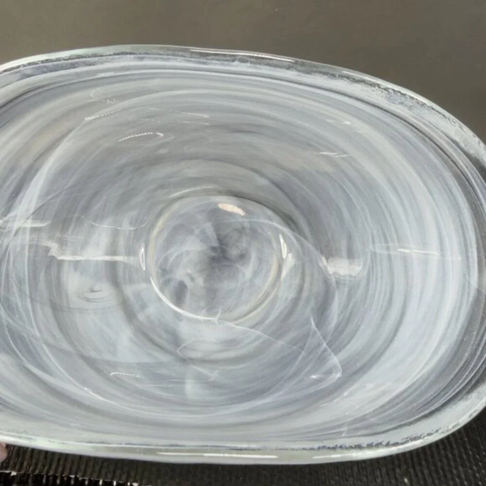Venetian‎ Art Glass Curved Dish Bowl Recycle Glass Black Swirl Pattern Italy VTG